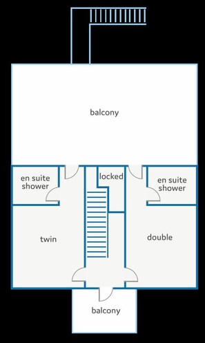 Ein Grundriss mit Balkon, zwei Einzel- und einem Doppel-Badezimmer en suite sowie einem verschlossenen Raum.