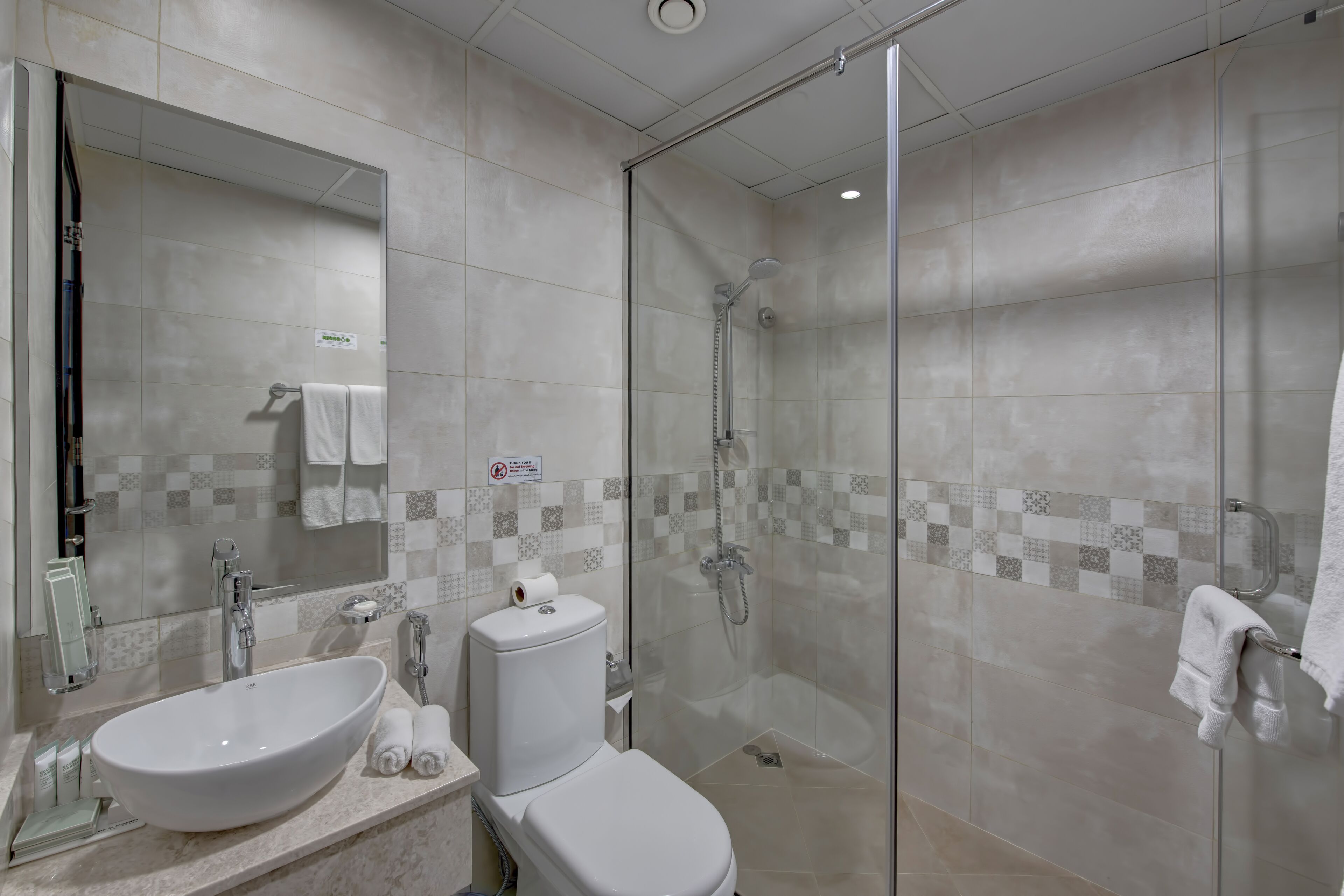 A modern bathroom with a glass-enclosed shower, a large sink, and a toilet.