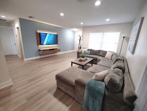 Smart TV, DVD player, foosball, video library