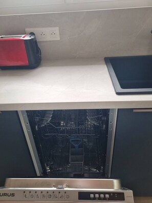 Fridge, oven, dishwasher, cookware/dishes/utensils