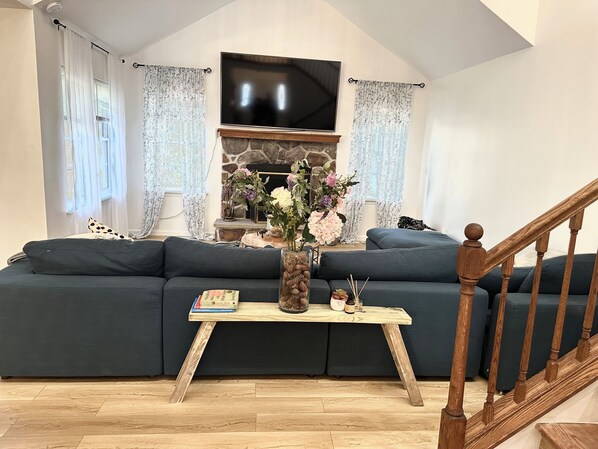 TV connectée, cheminée, livres