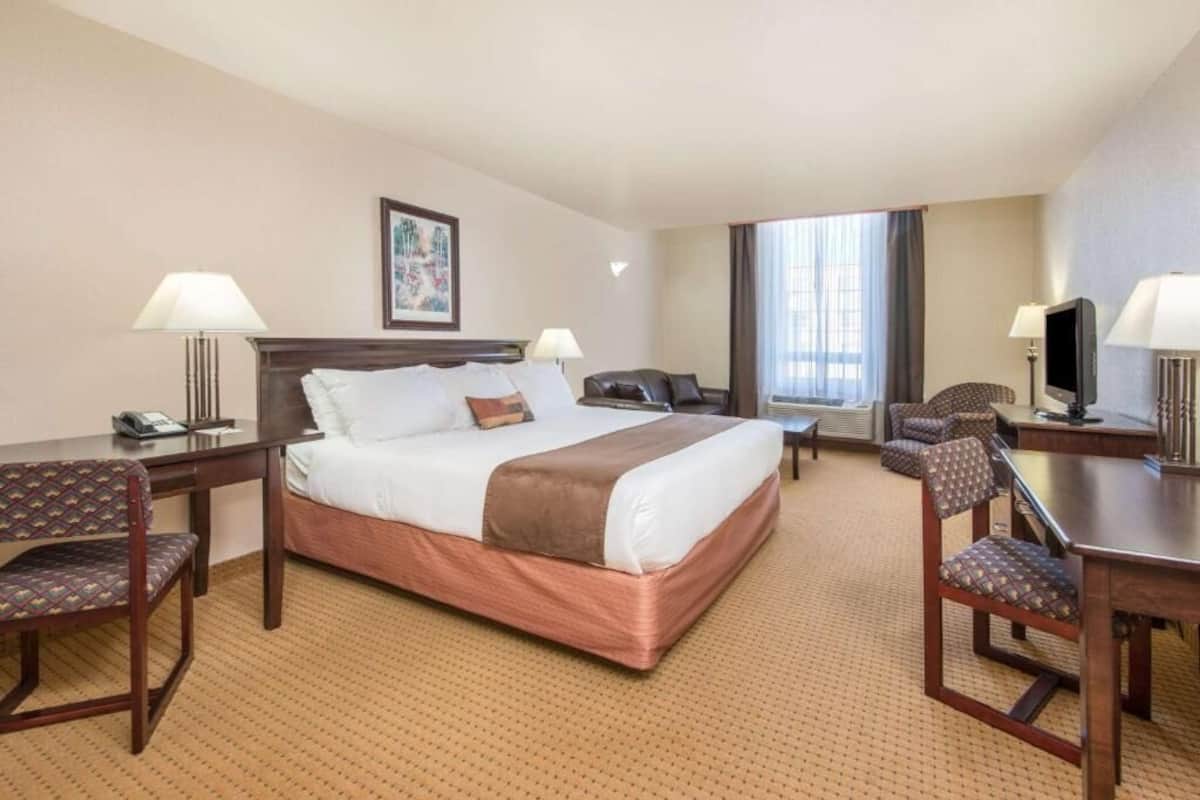 A hotel room with a large bed, two bedside tables, a desk, a chair, a TV, and a window with curtains.