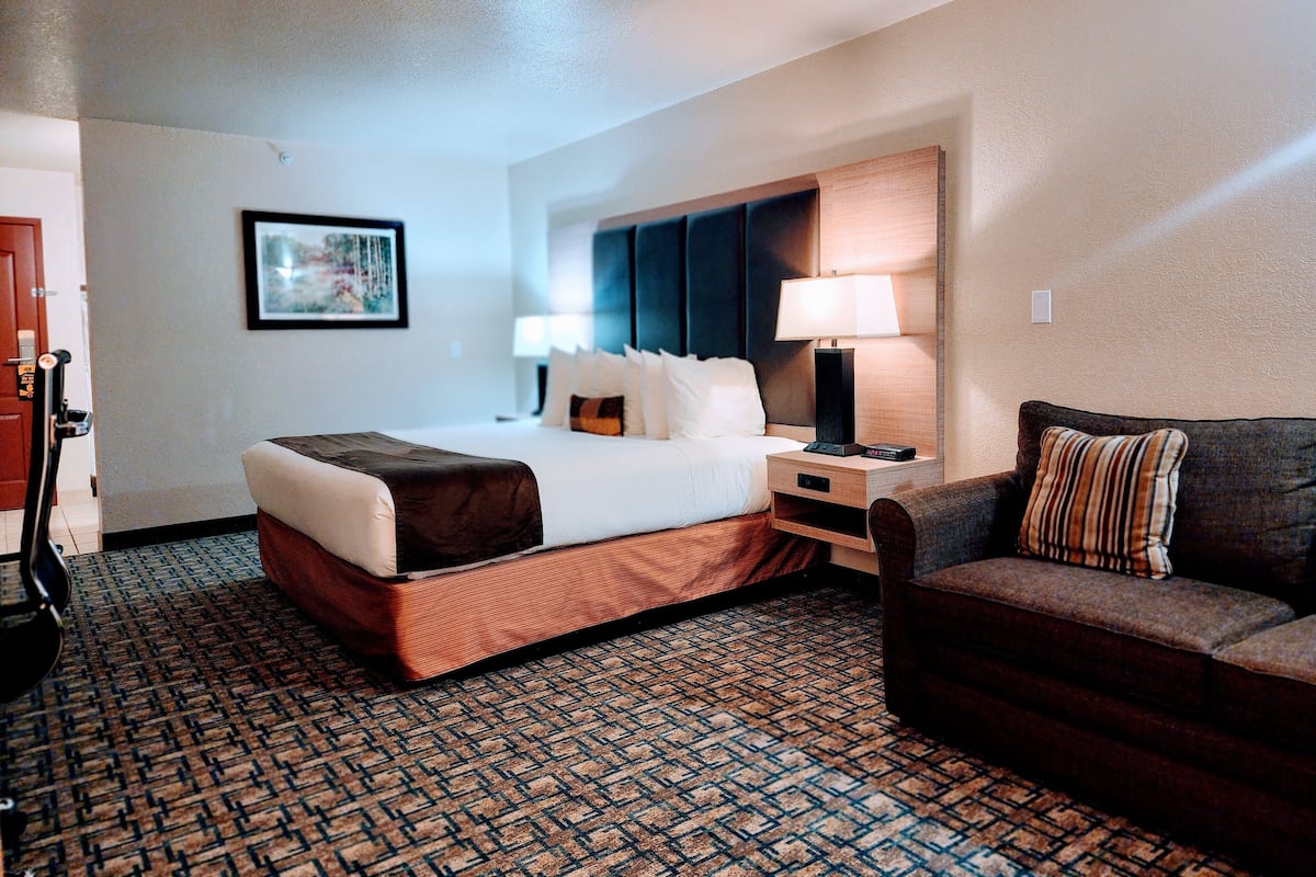 A hotel room with a bed, a nightstand with a lamp, a sofa, and a patterned carpet.