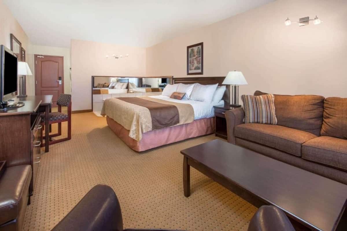 A hotel room with a bed, a sofa, a desk, and a TV.