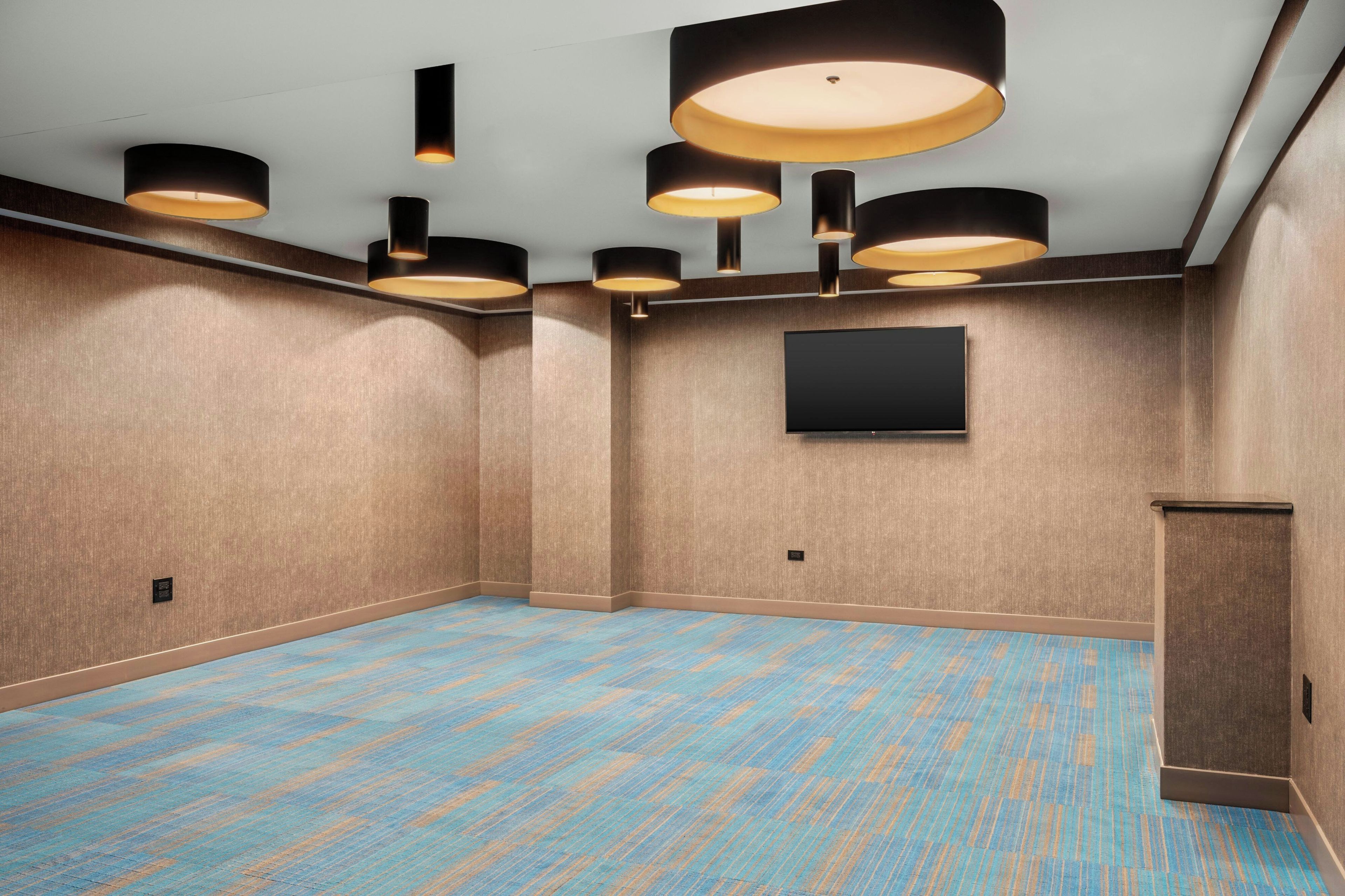 A conference room with a blue carpet, a flat-screen TV mounted on the wall, and multiple ceiling lights.
