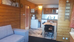 A compact room with a sofa, a small kitchen area with a refrigerator, microwave, and sink, and a dining table with chairs.