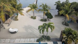 Vista sulla spiaggia con piscina, lettini e palme.