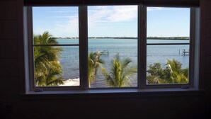 Una stanza con un'ampia finestra vista su un corpo d'acqua, palme e una costa lontana.