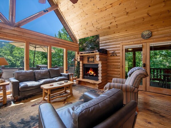 Flat-screen TV, fireplace