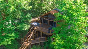 A wooden cabin with a deck and stairs, surrounded by dense green foliage. - A Little Stoney River - Cartecay River in Ellijay (Ellijay)