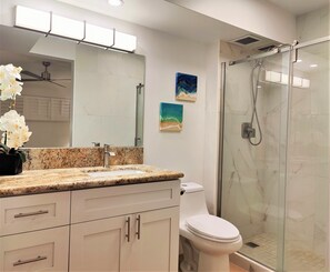 Un baño moderno con encimera de granito, inodoro blanco, cabina de ducha de cristal y dos cuadros enmarcados en la pared.