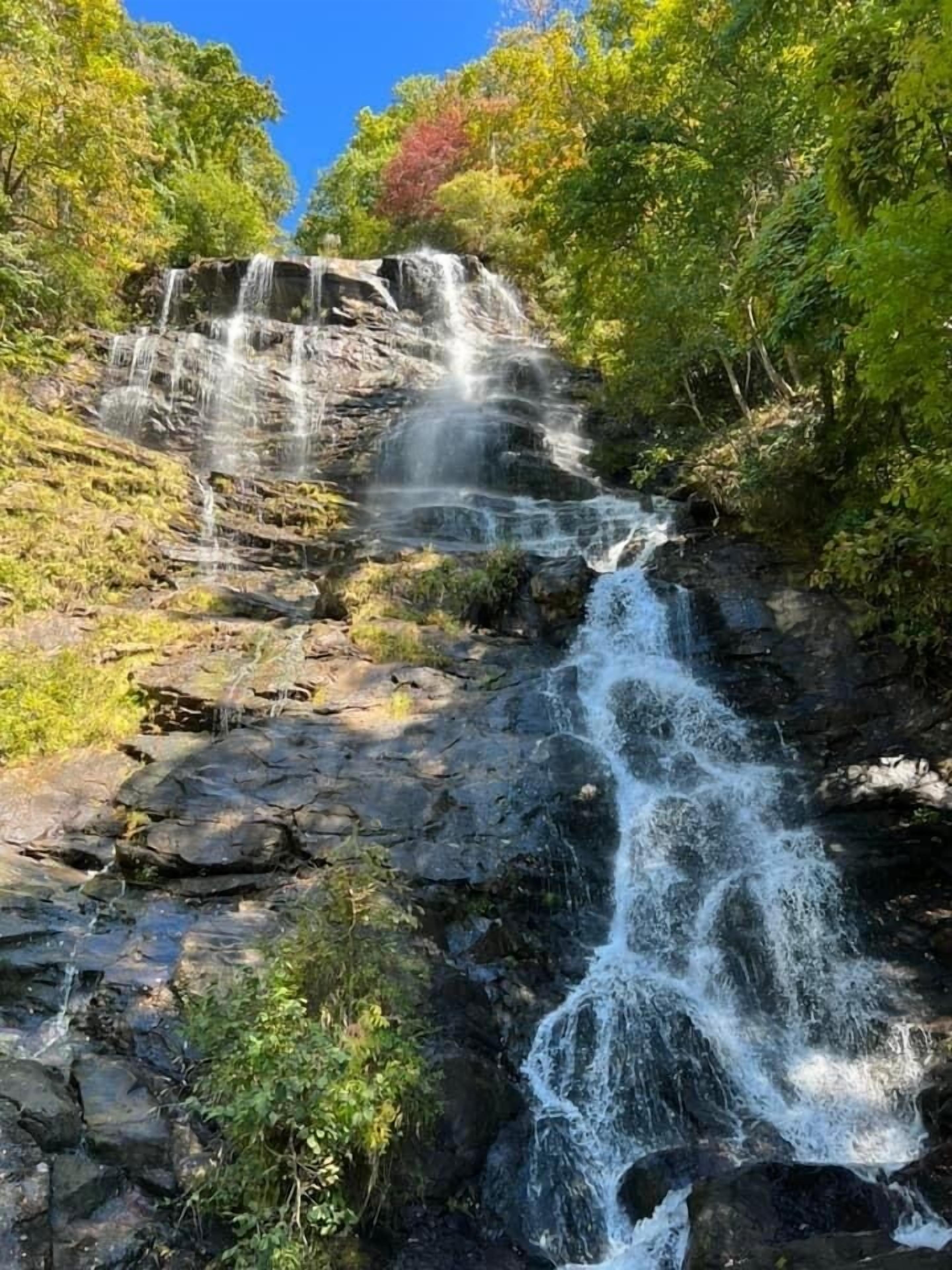 Une cascade d’eau se déversant sur un terrain rocheux, au milieu d’une végétation luxuriante.