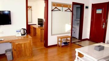 A hotel room with a wooden desk, a television, a mirror, a wardrobe, and a small table with a tissue box.