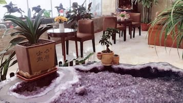 Une pièce comprenant un coin salon, une table et des plantes en pot.