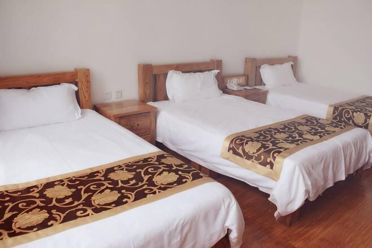 Three single beds with wooden headboards, white bedding, and decorative brown and gold bedspreads.