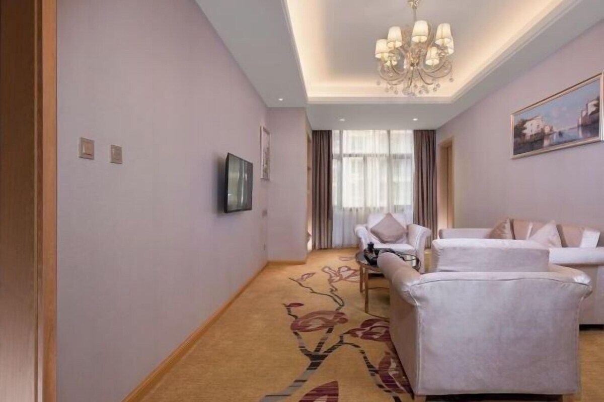 Habitación de hotel con alfombra floral, una araña, televisión y sofá.