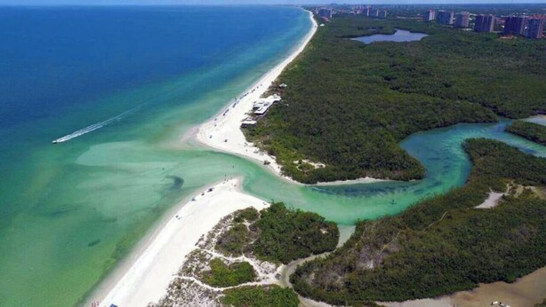 An aerial view of a coastal area with a beach, clear waters, and surrounding greenery.