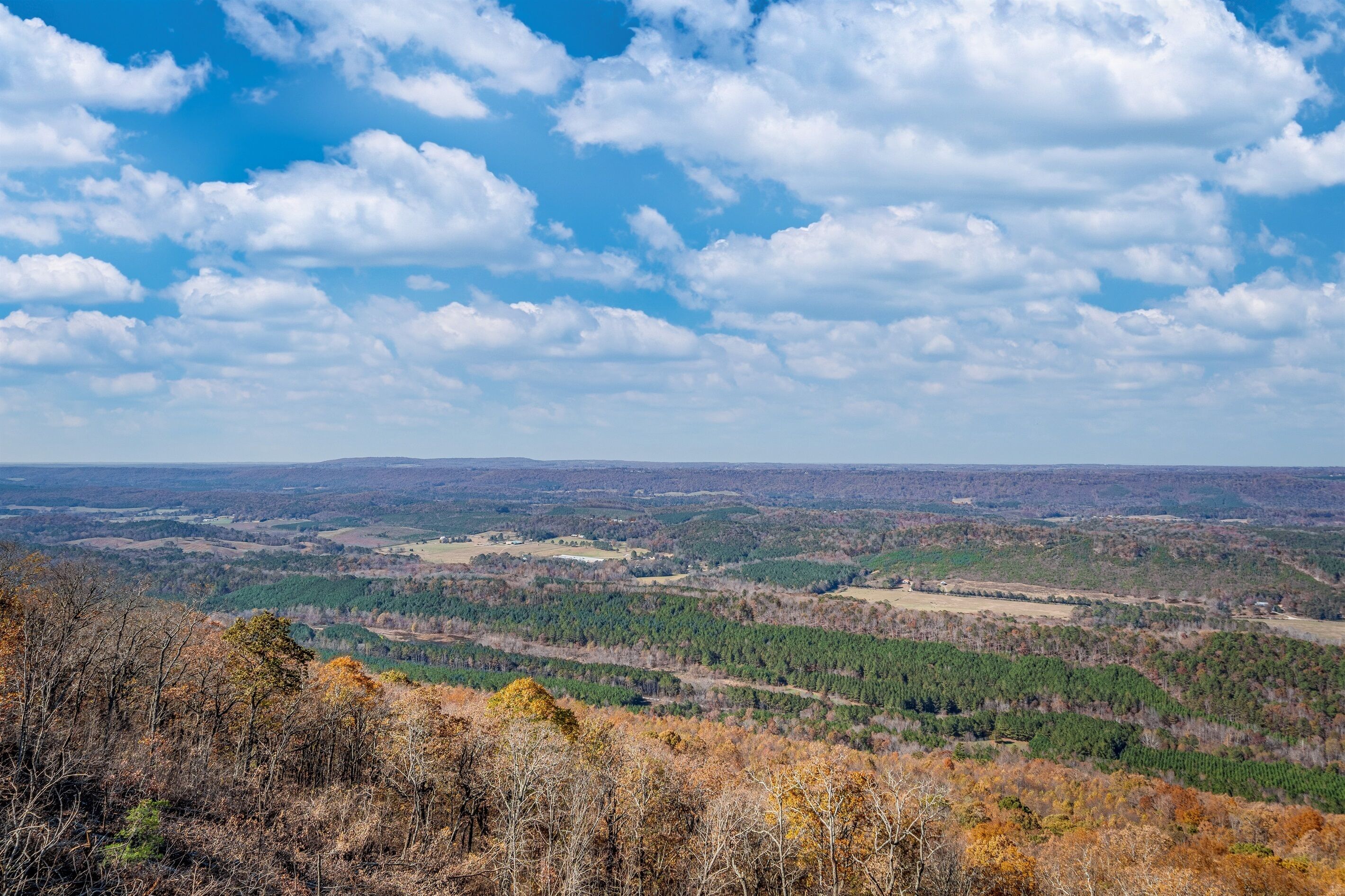 A panoramic view of a mountainous landscape with dense forests and a clear sky.