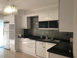 Kühlschrank, Ofen, Wasserkocher, Kochgeschirr/Geschirr/Besteck