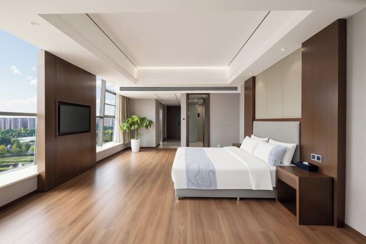 Een moderne hotelkamer met een groot bed, een televisie en uitzicht op de stad.