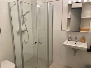 Un baño moderno con ducha envuelta en vidrio, un lavabo blanco con un espejo encima y un inodoro.
