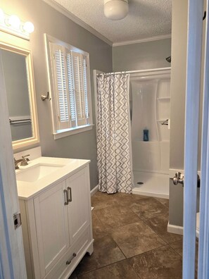 Combined shower/tub, hair dryer, towels, toilet paper