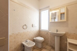 Shower, hair dryer, bidet, towels