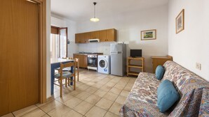 Un espace de vie compact comprenant un coin cuisine, un lave-linge, un coin repas et un canapé avec des coussins.