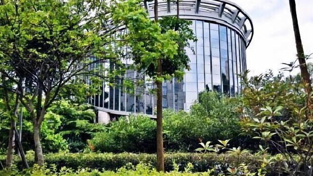 Un bâtiment moderne à la façade incurvée en verre, entouré d’une végétation luxuriante.
