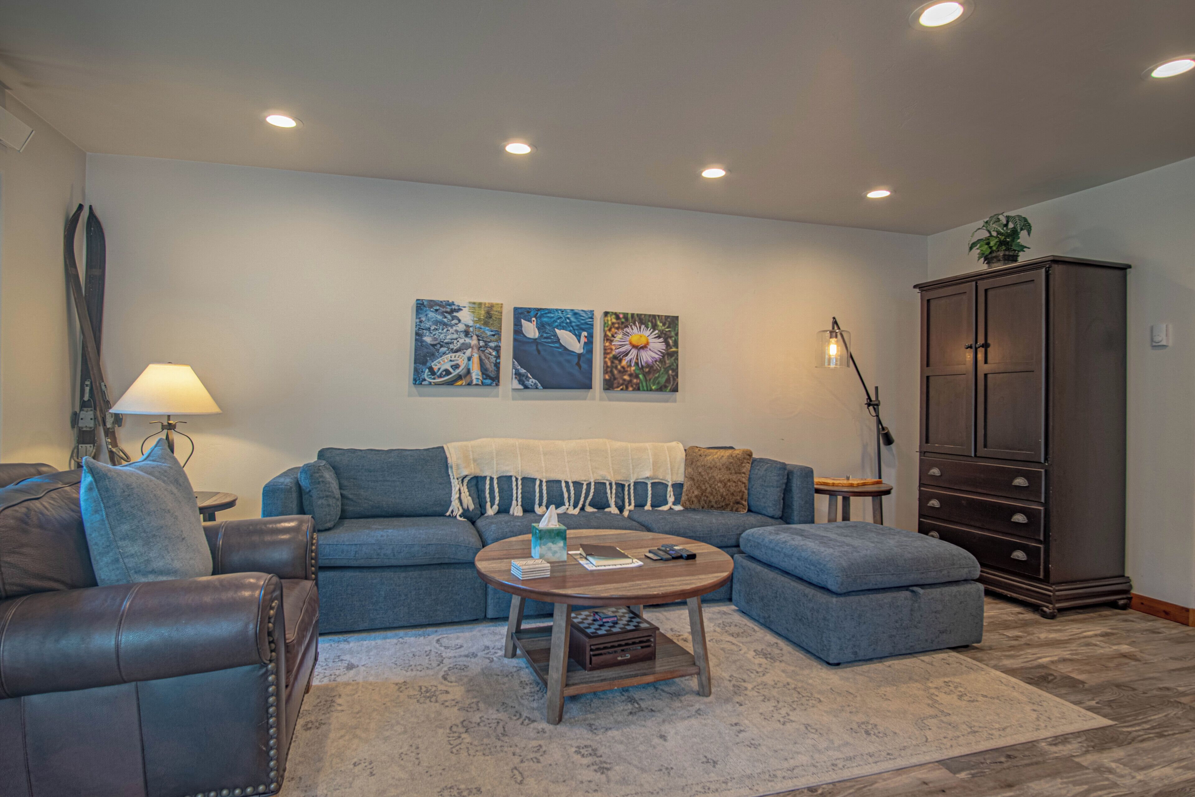 Flat-screen TV, fireplace, table tennis, books