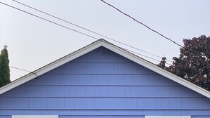 Una casa azul con dos ventanas, un adorno negro y plantas en macetas al frente.
