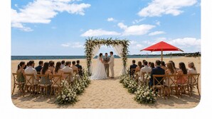 Uma cerimônia de casamento na praia com convidados sentados em cadeiras de madeira, um arco de flores e um guarda-sol vermelho.
