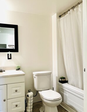 Combined shower/tub, eco-friendly toiletries, hair dryer, bathrobes