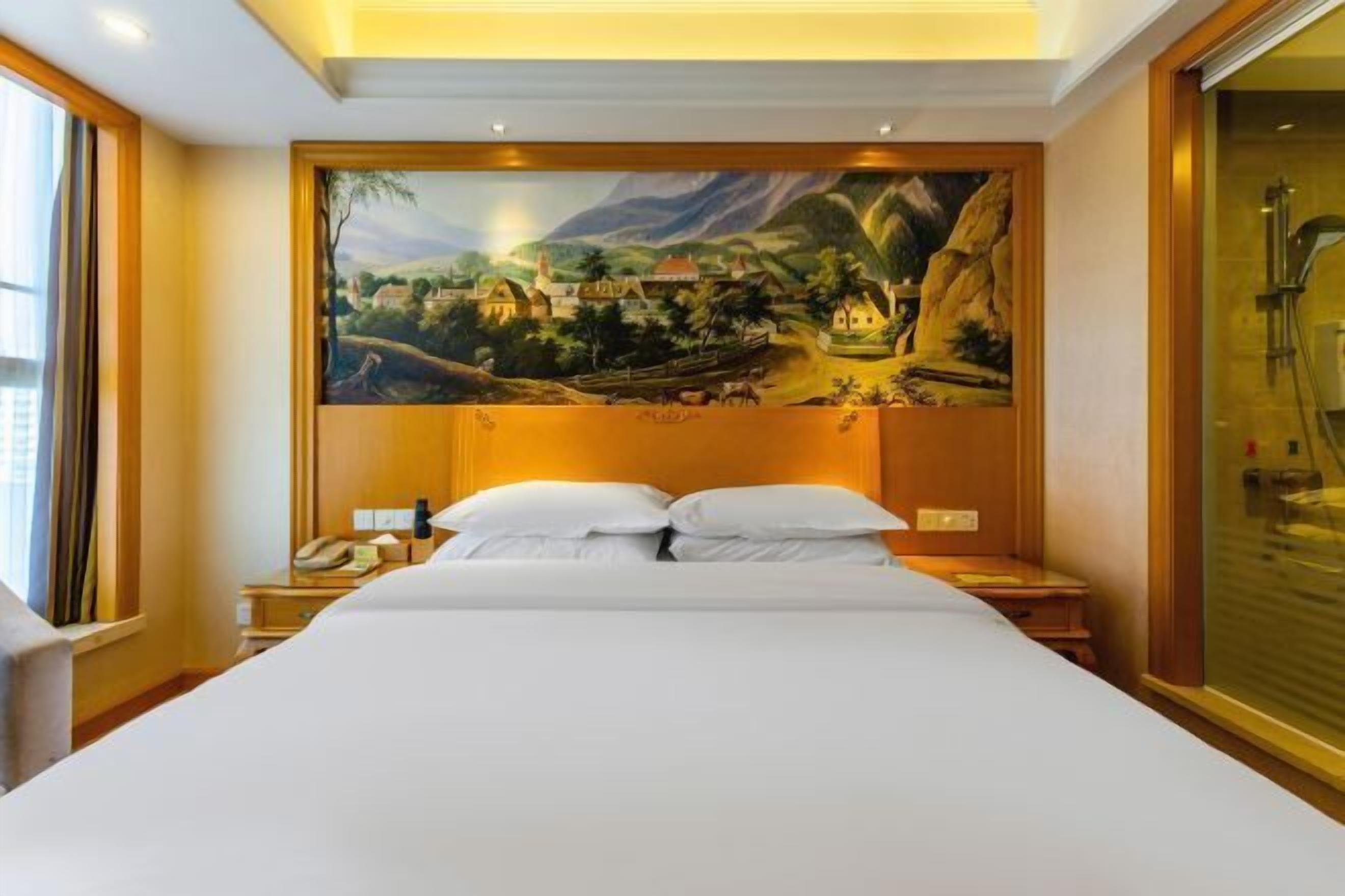 Habitación de hotel con una cama, una mesita de noche, un teléfono y un cuadro de un paisaje en la pared.
