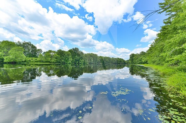 A calm river reflecting trees and sky.