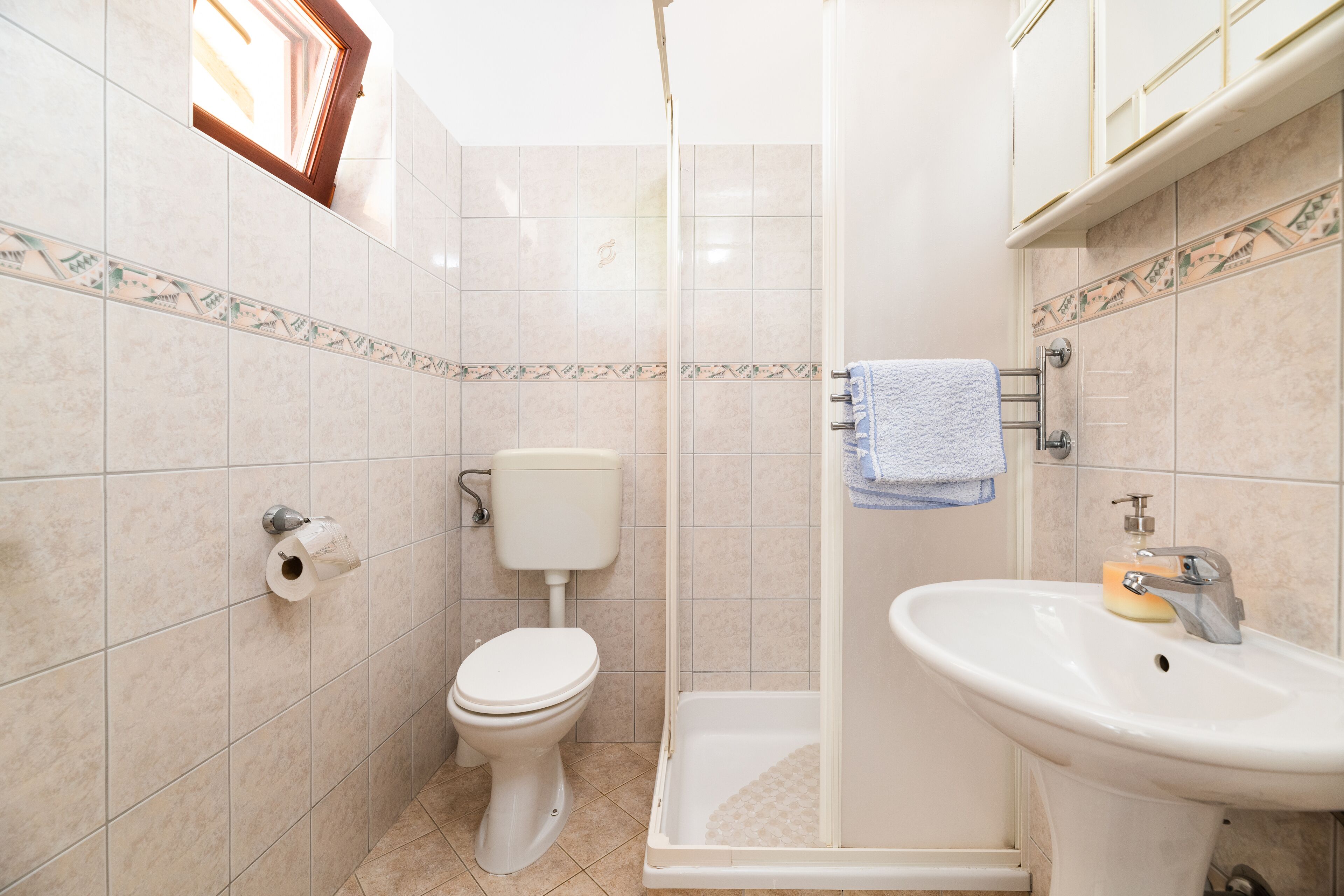 Ein Badezimmer mit Toilette, Dusche und Waschbecken.