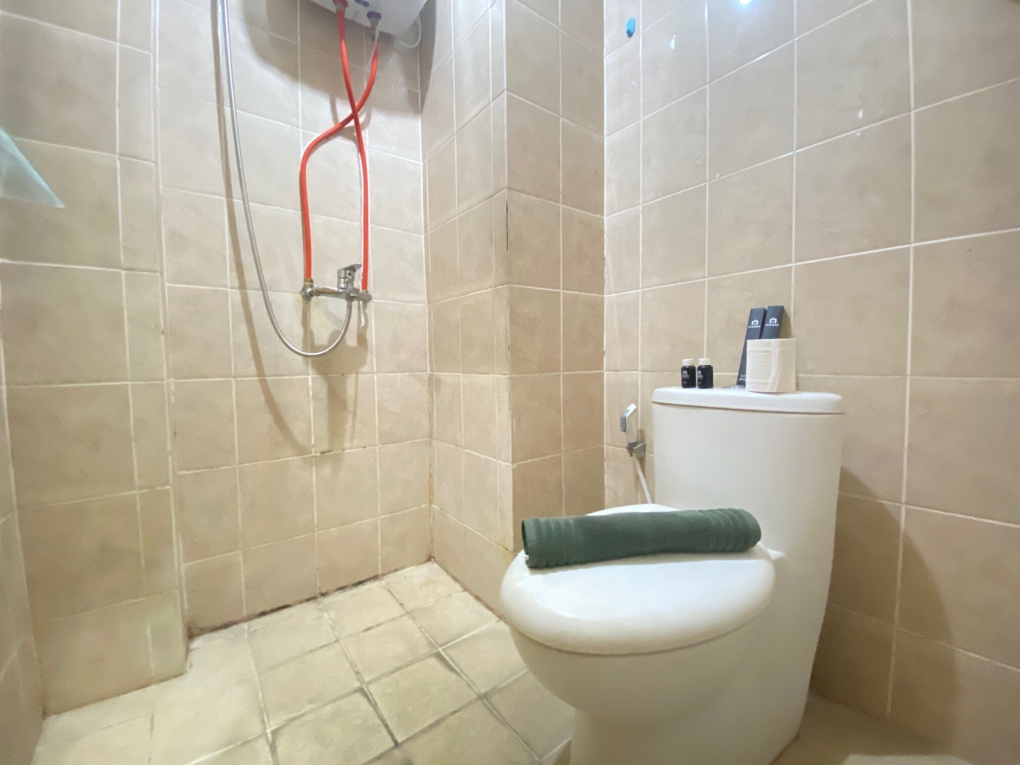 Un baño con inodoro, ducha con manguera y dispensador de papel higiénico con un rollo.