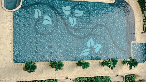 An aerial view of a swimming pool with a mosaic design, surrounded by palm trees and a wooden deck.