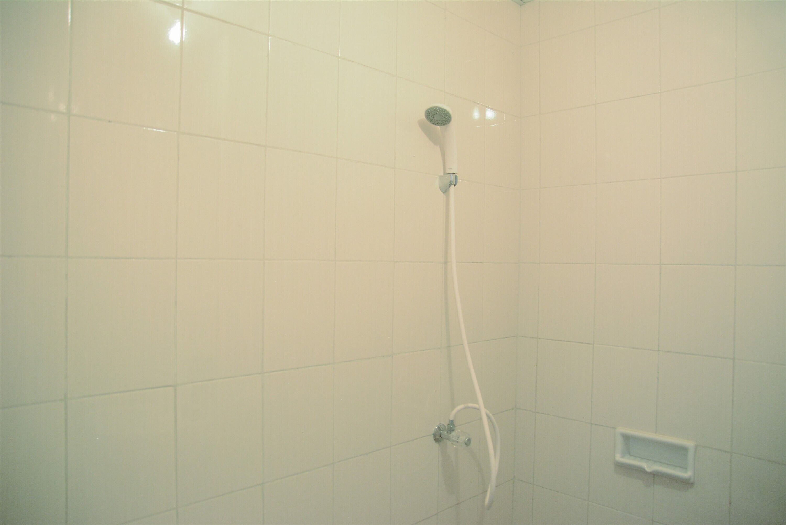 A shower with a handheld showerhead and a wall-mounted faucet.