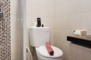 Een badkamer met toilet, douche en wastafel.