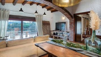 Televisio, takka, DVD-soitin, stereot