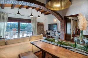 Télévision, cheminée, lecteur de DVD, chaîne hi-fi