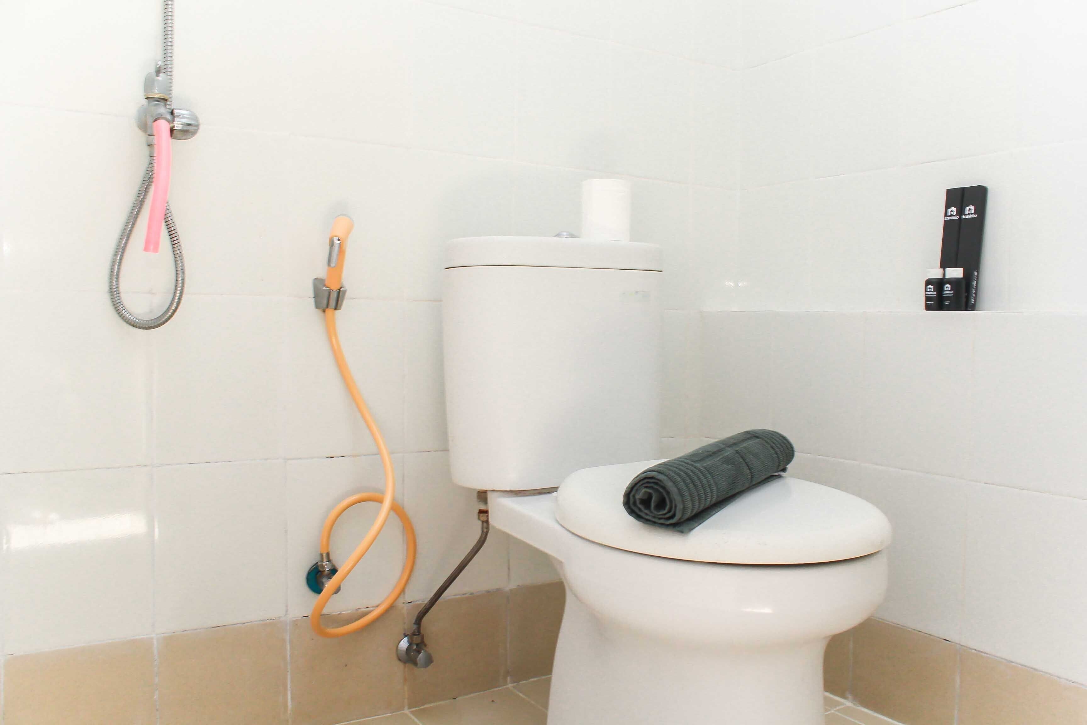 A bathroom with a toilet, a shower, and a toilet paper holder.