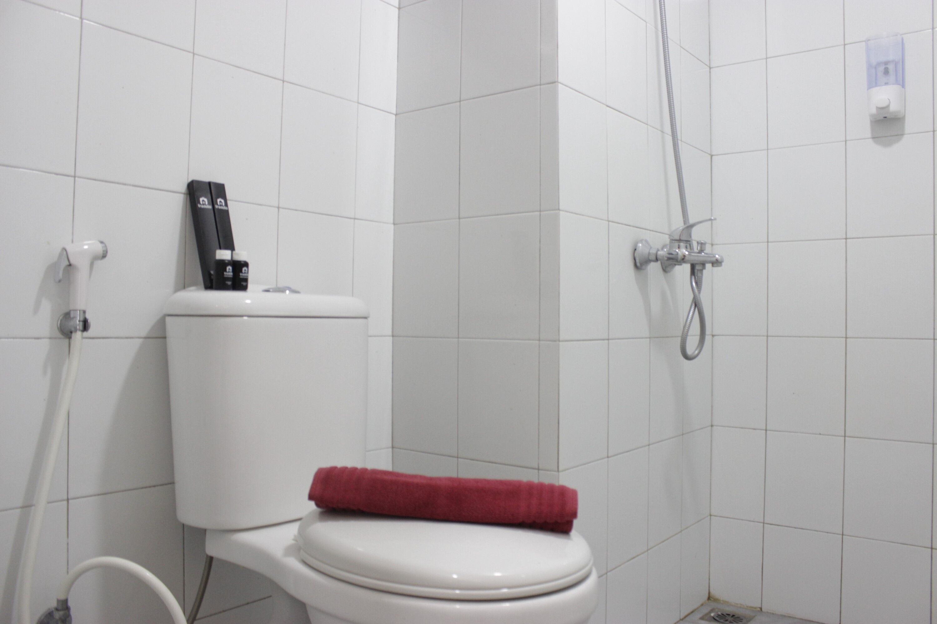 A bathroom with a white toilet, a red bath mat, and a shower with a handheld showerhead.