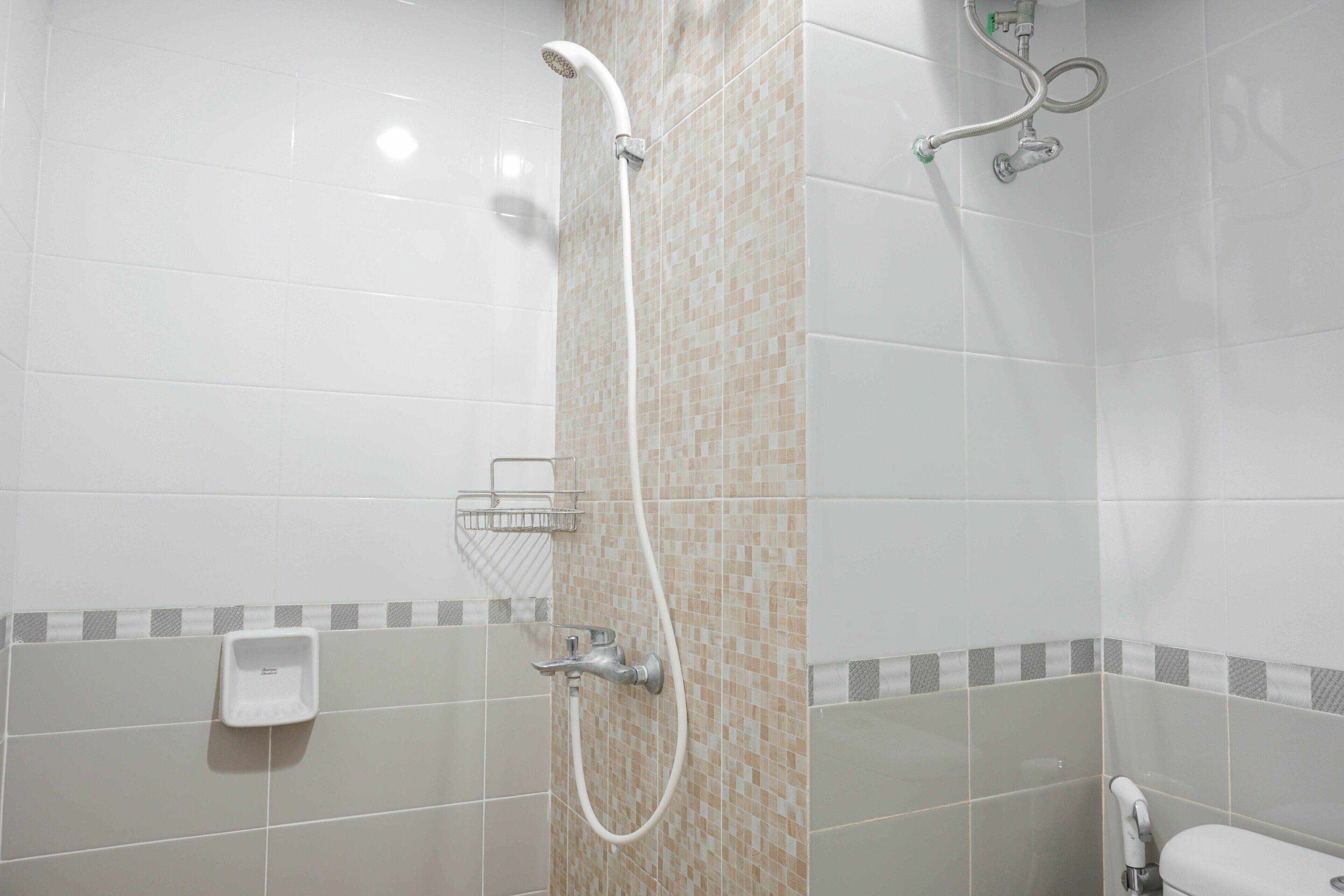 Ein Badezimmer mit Dusche, Toilette und einer Seifenschale.