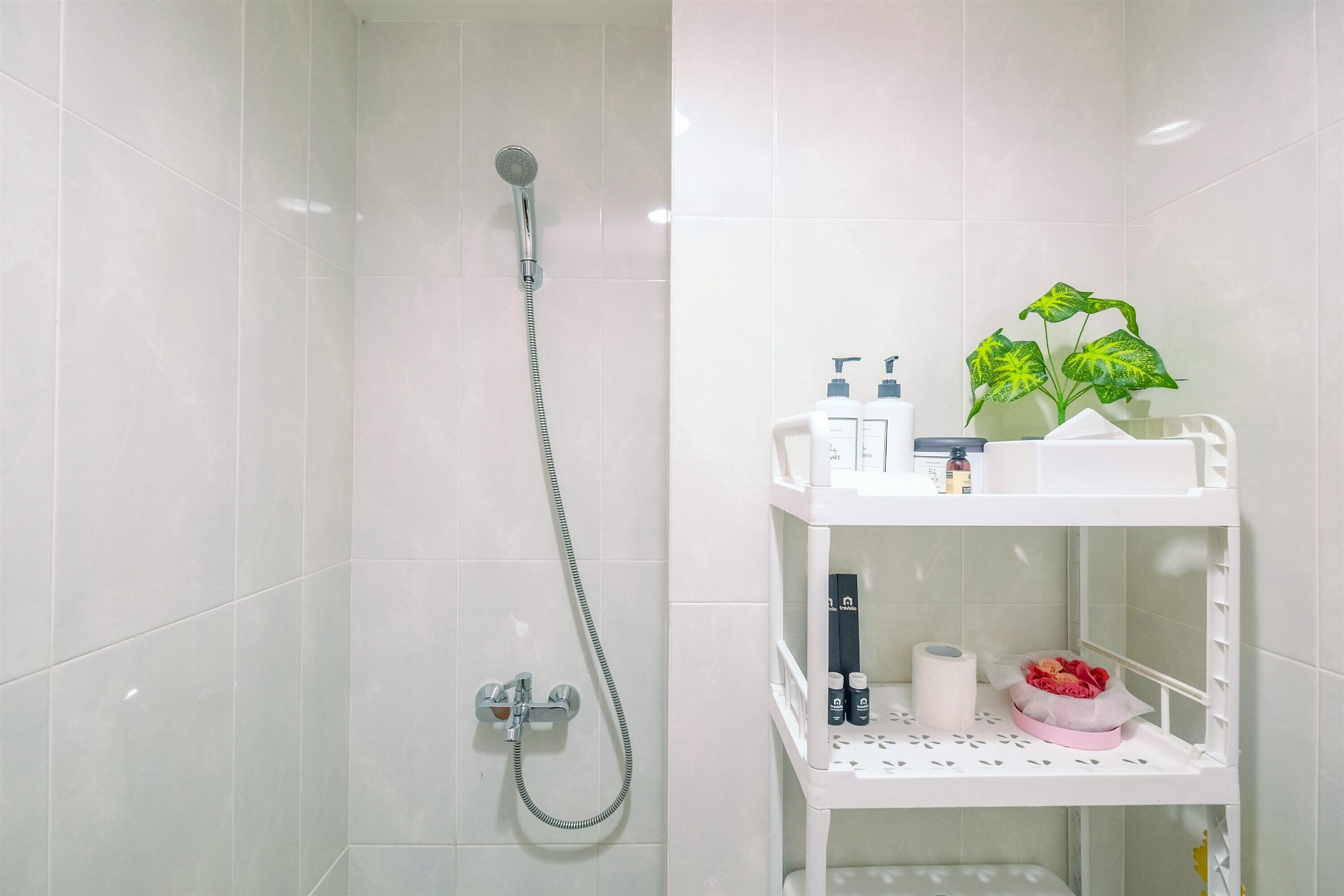 A bathroom with a shower, a white shelf with toiletries, and a potted plant.