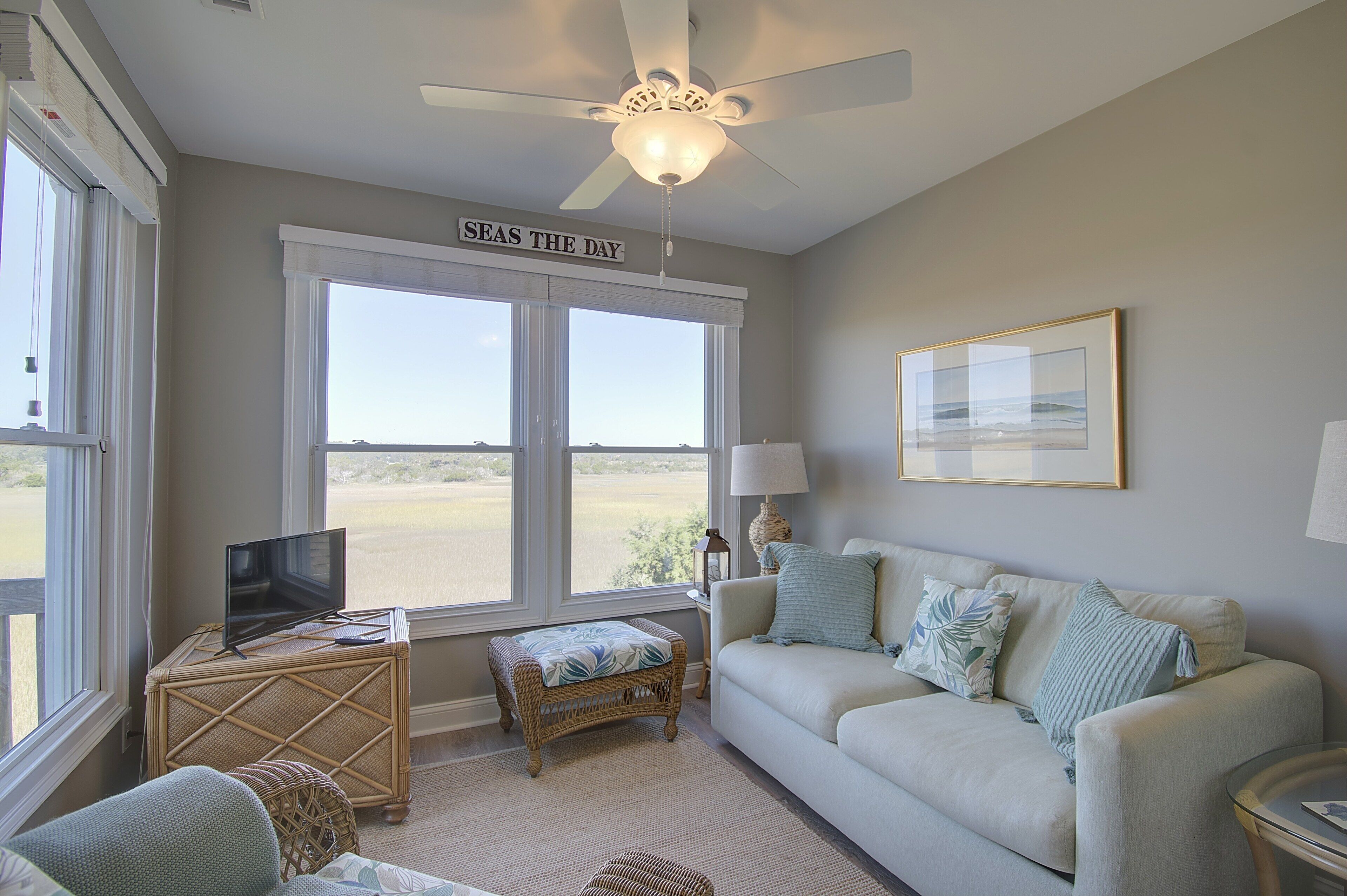 A living room with a large window, a ceiling fan, a television, a sofa, and a framed picture on the wall.
