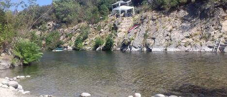 On the beach, sun loungers