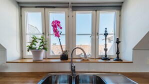 Een keuken met een dubbele spoelbak, een raam met uitzicht op gebouwen, en een potplant op het raamkozijn.