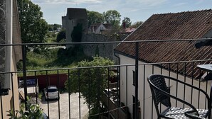 Een balkon met uitzicht op een stenen gebouw, een geparkeerde auto en een bloempot.
